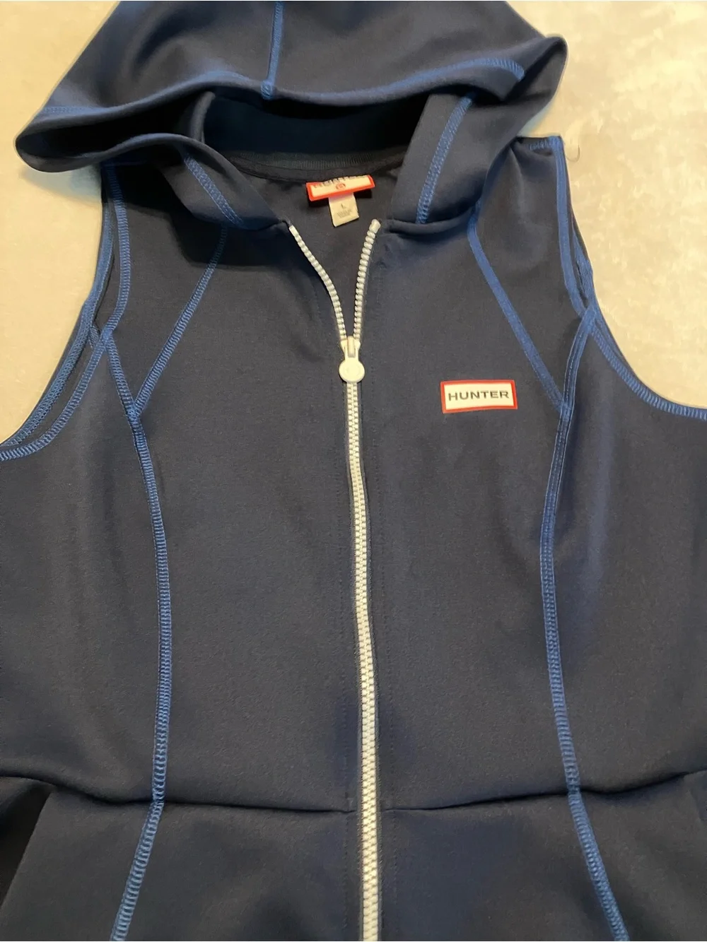 Hunter Navy Hooded Zip Dress with Bright Blue Stitching - Picture 2 of 5